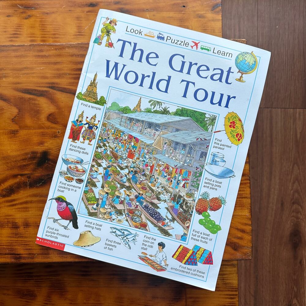 Vintage 1999 Scholastic The Great World Tour Search & Find Paperback Book